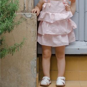 Pink Gingham Tiered Dress with Bow Accents